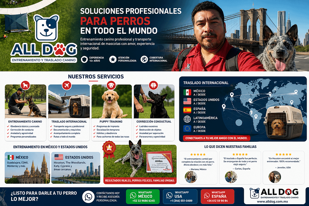 "Infografía de ALLDOG Global Services sobre entrenamiento canino profesional en México y Estados Unidos, y transporte internacional de mascotas con rutas hacia España, Europa y Latinoamérica."